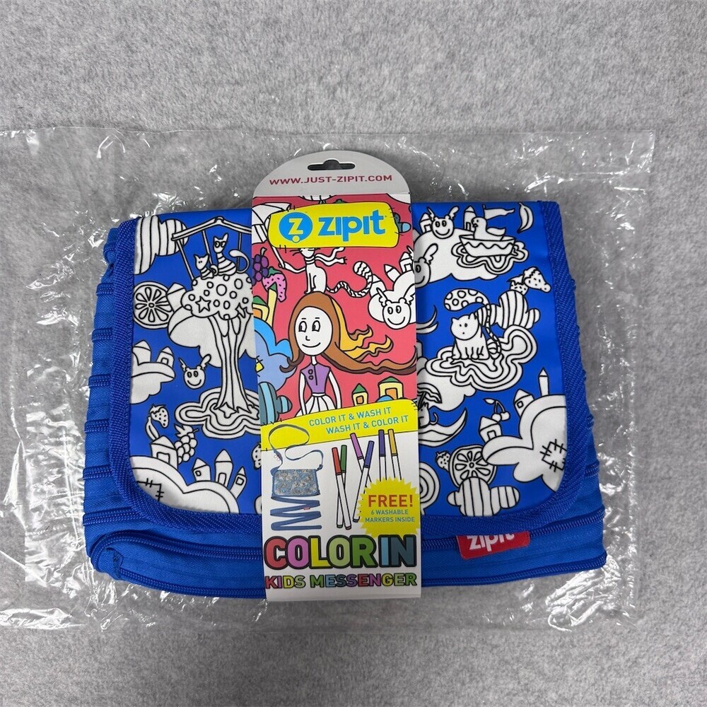 Zipit Color In Kids Messenger Bag Blue w/ 6 Washable Markers Small